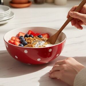 Spode Red and White Polka Dot 9.5” Serving Bowl EUC